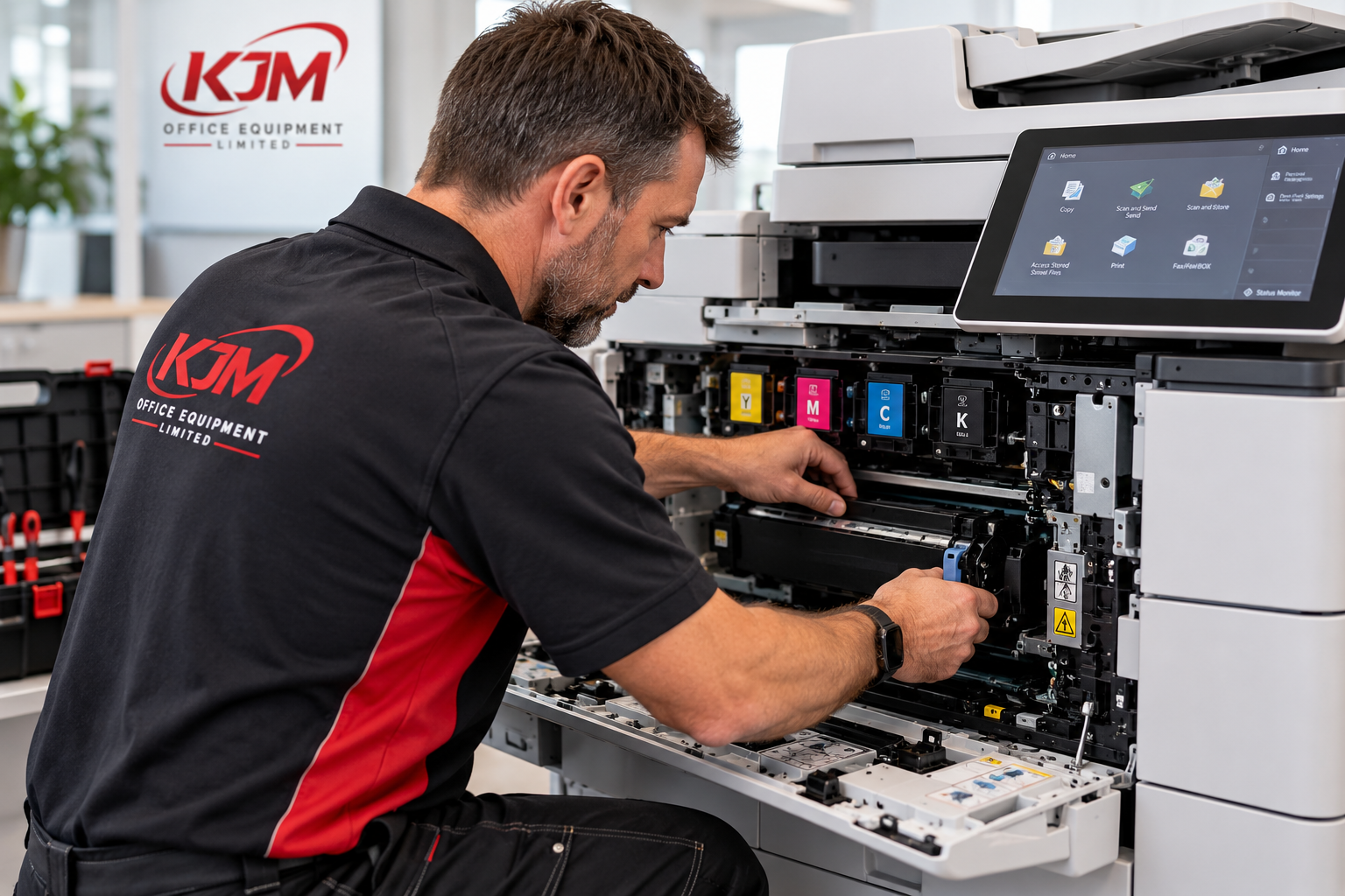 KJM engineer servicing an office multifunction printer