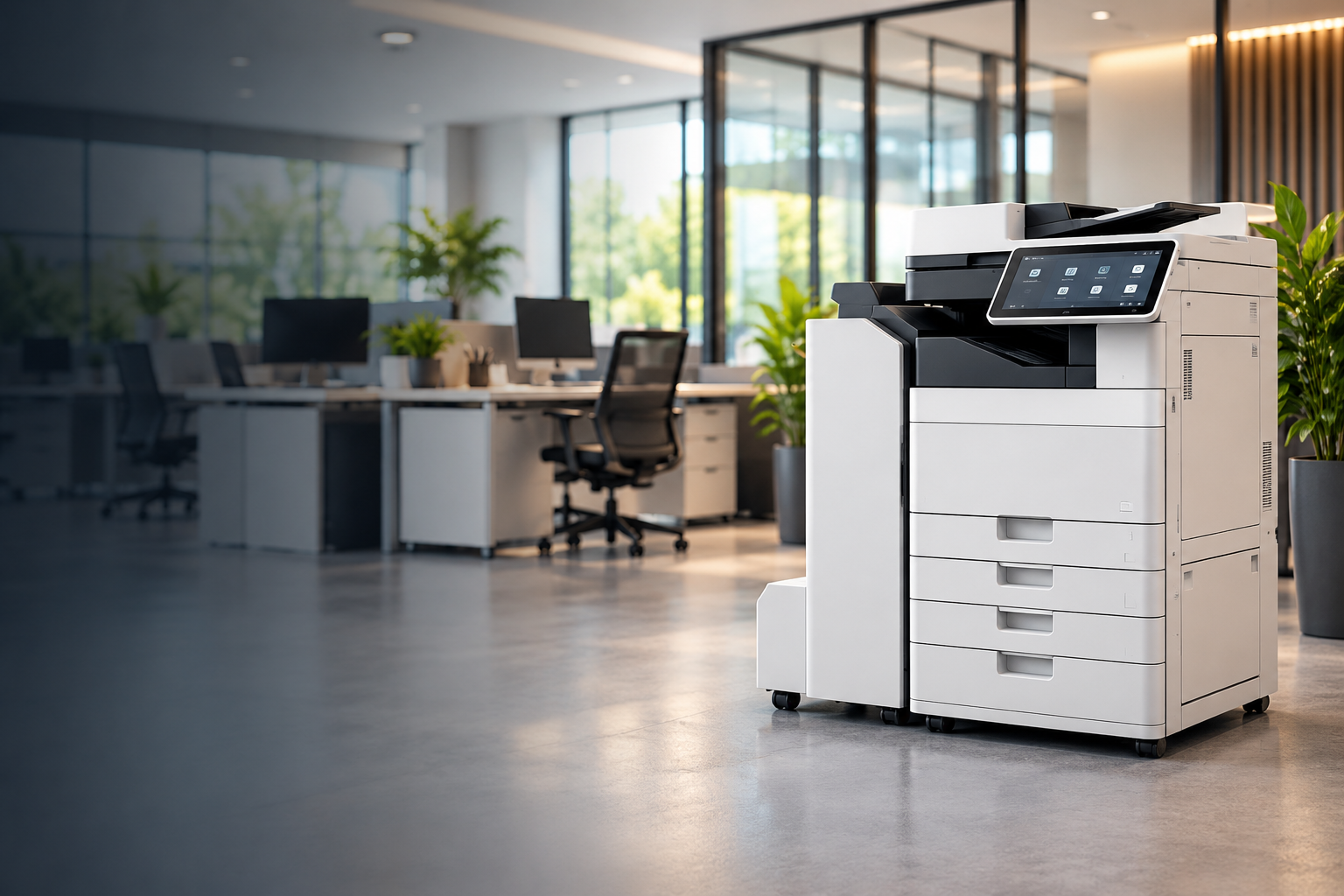 Modern professional multifunction office copier in a contemporary UK office